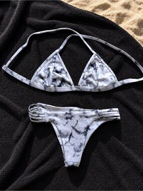 Marble Tie-Dye Triangle Bikini Set - White & Black